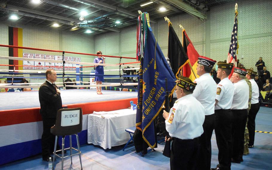 Veterans from the VFW in Grafenwoehr, Germany present the colors during the U.S. Army Garrison Bavaria St. Patrick's Day Boxing Invitational, Saturday, March 17, 2018, at Vilseck, Germany.