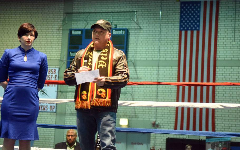 Sergeant Major Micheal Sutterfield, the sergeant major of U.S. Army Garrison Bavaria speaks at the Garrison St. Patrick's Day Boxing Invitational, Saturday, March 17, 2018, at Vilseck, Germany.