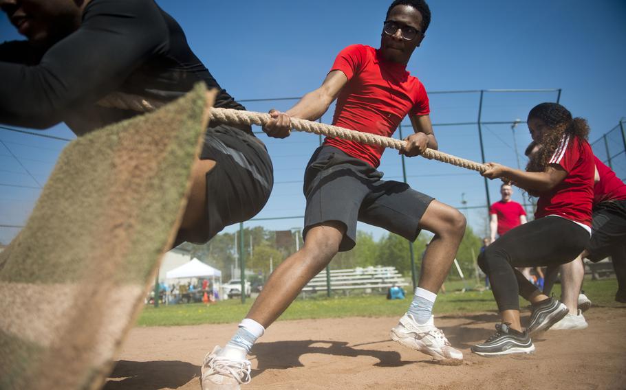 The Super Saiyans, an 86th Comptroller Squadron team, competes in a tug-of-war match at Ramstein Air Base, Germany, on Friday, April 20, 2018.
