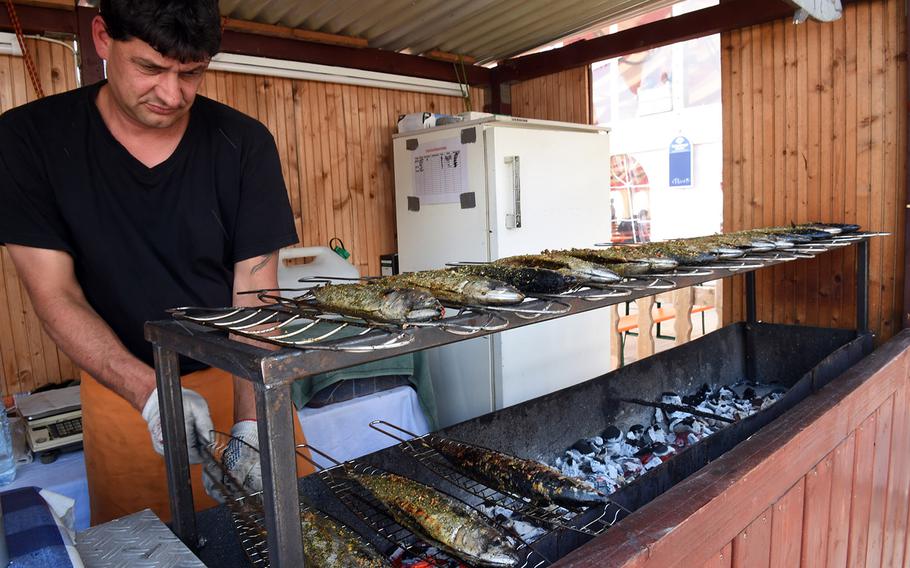 Grilled fish at the German-American Volksfest at Hohenfels, Friday, May 11, 2018. 