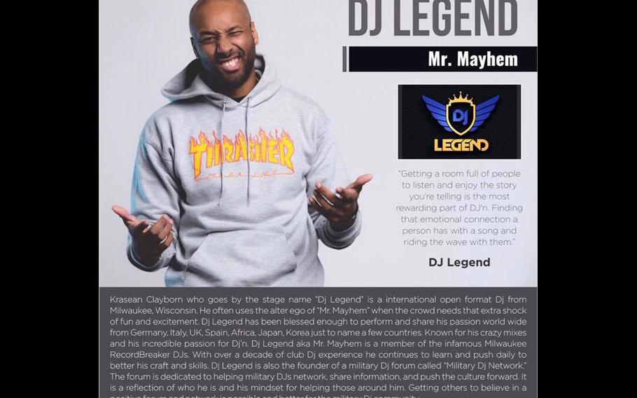 Staff Sgt. Krasean Clayborn, also known as DJ Legend, Mr. Mayhem, was found dead in his barracks in Vicenza, Italy, on Friday, June 1, 2018.