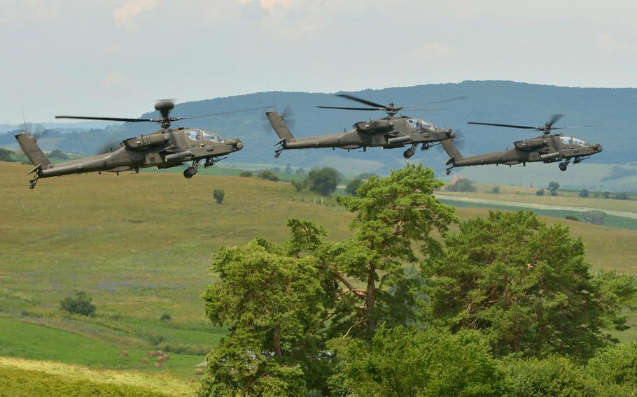 AH-64 Apache helicopters of the 10th Combat Aviation Brigade go in for an attack during a live-fire demonstration at the Center for Joint National Training in Cincu, Romania, in July 2017. NATO will attempt to boost its combat readiness under a plan to have 30 mechanized battalions, 30 air squadrons and 30 combat ships that can deploy within 30 days.

