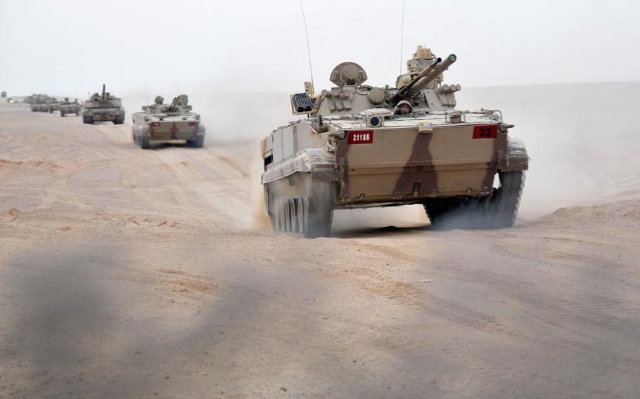 Vehicles belonging to the 33rd Combat Group from the United Arab Emirates conduct a tactical road march during the Iron Union exercise at the Al Hamra Training Center on Sept. 23, 2017. Afghanistan announced on Tuesday, June 5, 2018, that it had approved a UAE offer to provide troops to NATO's Resolute Support mission.