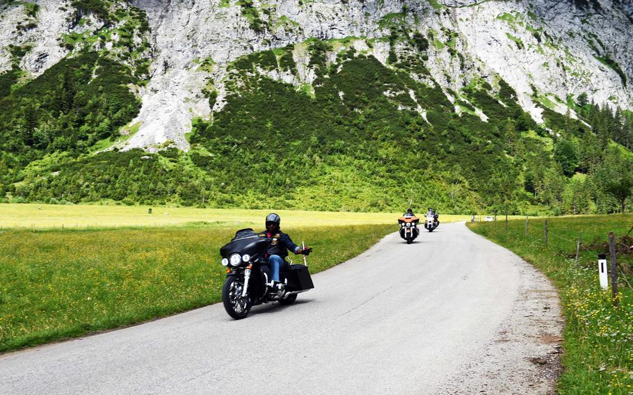 Bikers touring through an Alpine Valley during the Ride the Alps event, near Eng, Austria, Saturday, June 23, 2018.