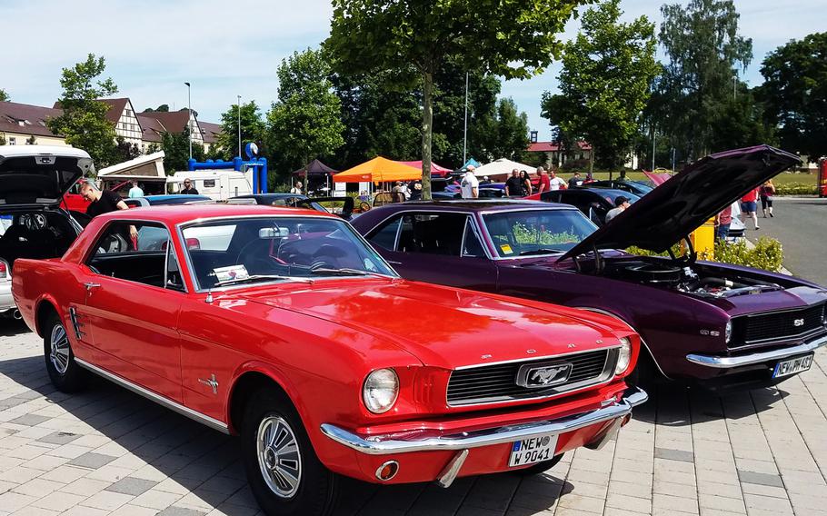 Cars are on display at the Independence Day car show put on by the Better Opportunities for Single Soldiers program, at Grafenwoehr, Germany, Wednesday, July 4, 2018. 
