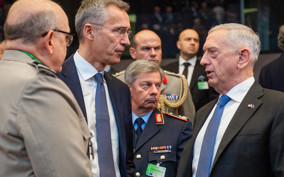 Air Chief Marshal Sir Stuart Peach, chairman of the NATO Military Committee; NATO Secretary General Jens Stoltenberg; and Secretary of Defense Jim Mattis at a NATO defense ministers meeting in Brussels, Oct. 4, 2018.