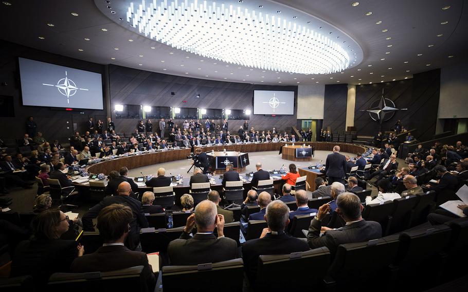 A view of the NATO defense ministers meeting in Brussels, Oct. 4, 2018.