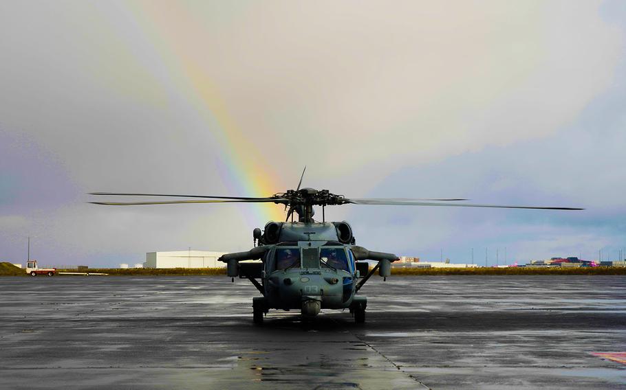 A U.S. Navy pilot lands the MH-60S Sea Hawk helicopter during air assault training at Keflavik Air Base, Iceland, Oct. 17, 2018. The training was part of Exercise Trident Juncture.