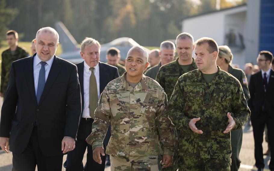 U.S. Air Force Brig. Gen. Roy Agustin and other distinguished visitors tour the newly constructed aircraft maintenance hangar at Amari Air Base, Estonia, Oct. 16, 2018. Agustin is the director of logistics, engineering and force protection, Headquarters U.S. Air Forces in Europe and Africa.