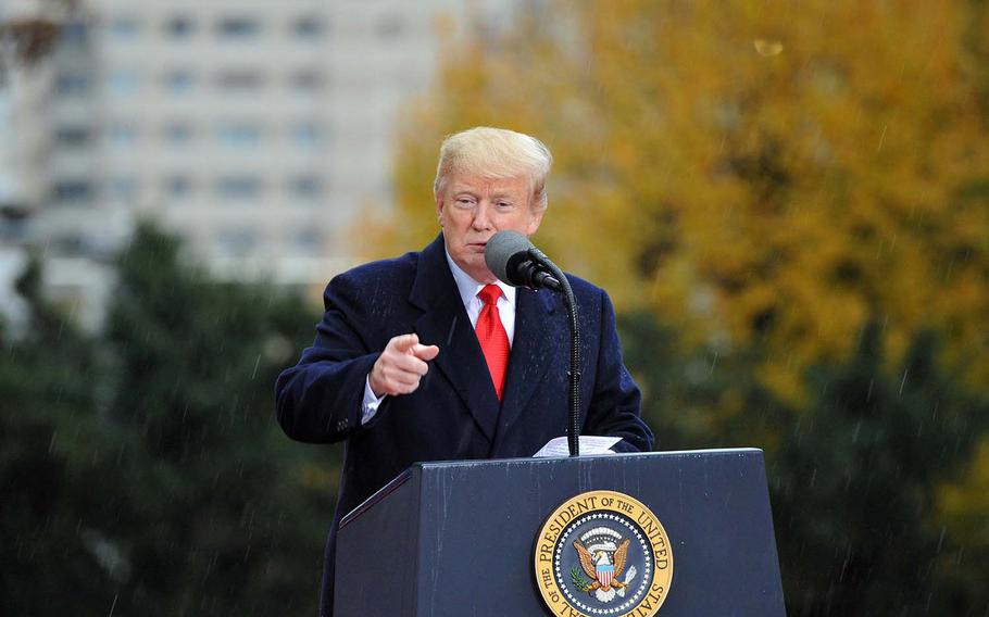President Donald Trump speaks at the World War I armistice centennial ceremony, at Suresnes American Cemetery on the outskirts of Paris, Sunday, Nov. 11, 2018. 


