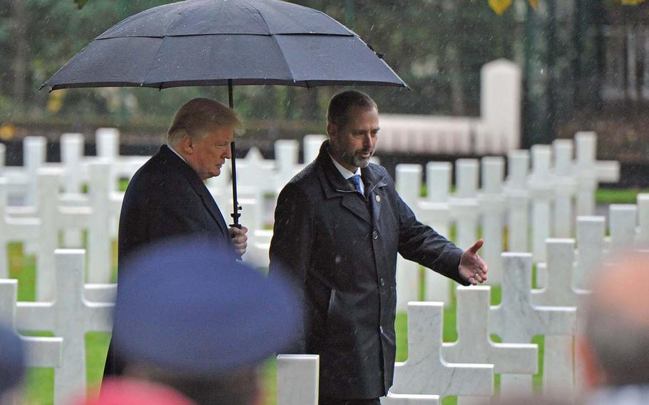 President Donald Trump is shown the World War I graves at Suresnes American Cemetery on the outskirts of Paris, before giving a speech at the World War I armistice centennial ceremony held there, Sunday, Nov. 11, 2018.



