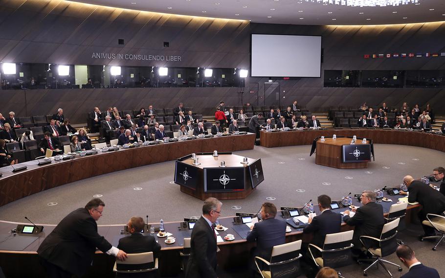 A general view of a meeting of the North Atlantic Council at NATO headquarters in Brussels, Tuesday, Dec. 4, 2018.