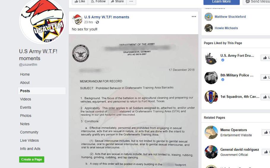 A screen grab shows the Memorandum for Record providing guidelines on restricted behavior at the Grafenwoehr Training Area in Germany as seen posted on the U.S. Army W.T.F! moments' Facebook page.