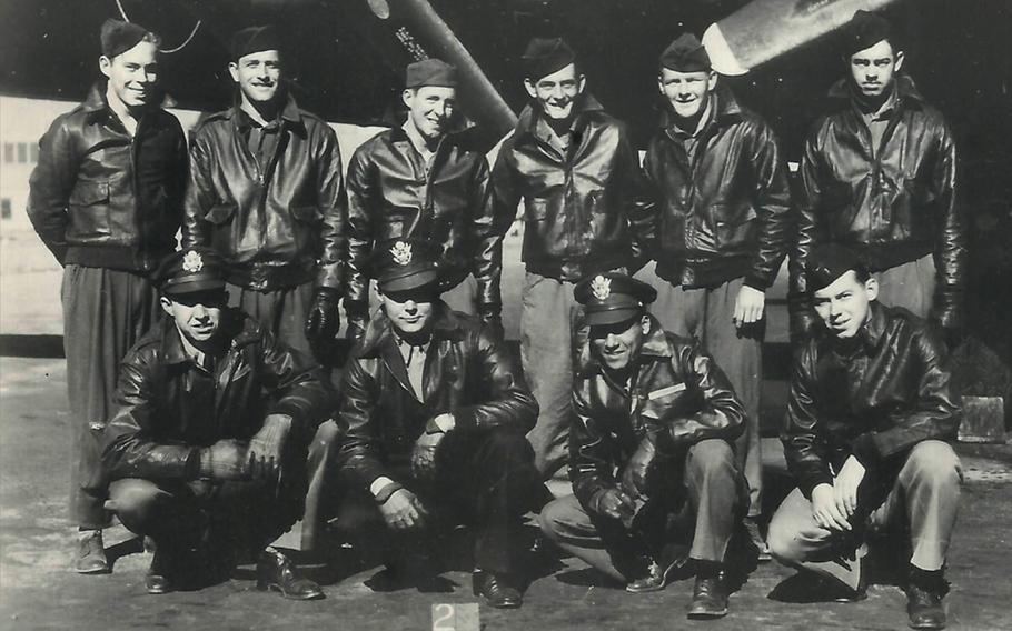 The crew of a B-17 Flying Fortress nicknamed "Mi Amigo," of the 305th Bomb Group. Back Row: Robert Mayfield, Vito Ambrosio, Harry Estabrooks, George Williams, Charles Tuttle, Maurice Robbins. Front Row: John Kriegshauser, Lyle Curtis, Melchor Hernandez, John Humphrey.

