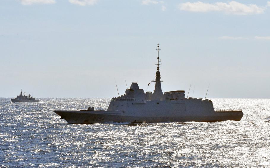 Several frigates traveled in tighter-than-normal formation to simulate a submarine hunt during a demonstration on Monday Feb. 25, 2019, on the Mediterranean Sea for the start of Dynamic Manta, a 10-day anti-submarine warfare exercise. 
