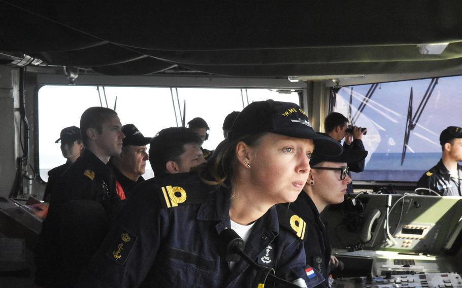 The bridge crew on the Dutch Frigate HNLMS Evertsen prepare for a demonstration on Monday Feb. 25, 2019, on the Mediterranean Sea. 
