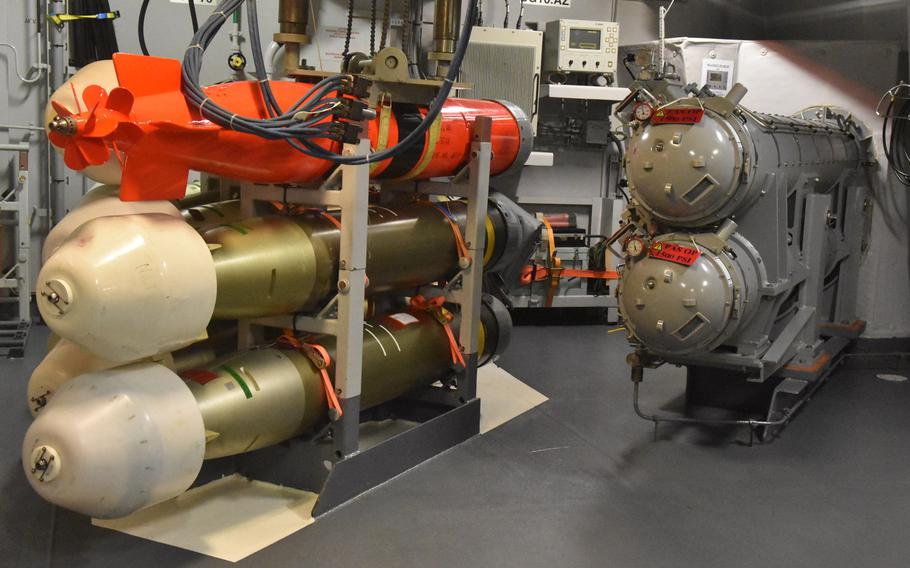 Anti-submarine torpedoes on the Dutch frigate HNLMS Evertsen, which is one of nine shipes participating this year in Dynamic Manta, a 10-day, multinational exercise focused on anti-submarine warfare. 

