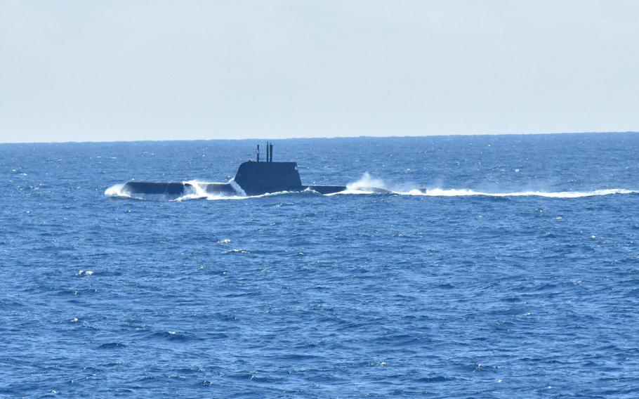 A submarine surfaces during a demonstration on Monday Feb. 25, 2019, on the Mediterranean Sea for the start of Dynamic Manta, a 10-day, multinational anti-submarine warfare exercise. 