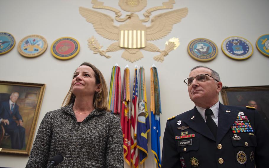 Commander of the U.S. European Command Gen. Curtis Scaparrotti and acting Assistant Secretary of Defense Kathryn Wheelbarger prepare to testify before a House Armed Services Committee hearing on Capitol Hill in Washington on Wednesday, March 13, 2019.