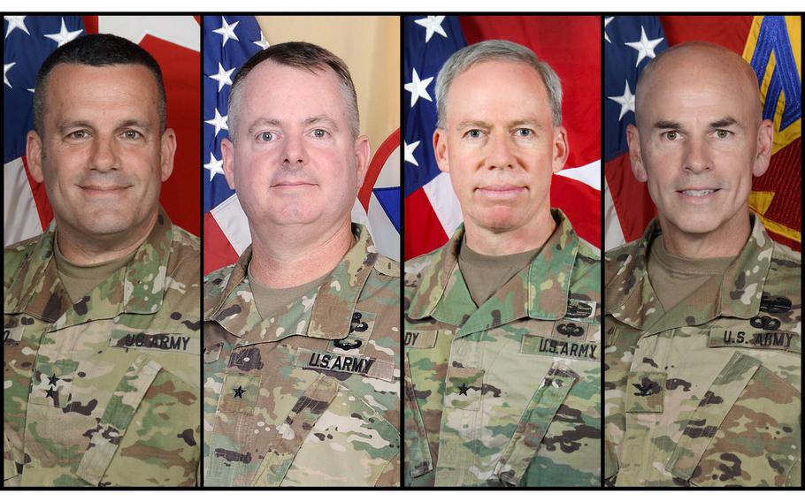 From left, Maj. Gen. Steven A. Shapiro, commanding general of the 21st Theater Sustainment Command, has been named commander of the U.S. Army Sustainment Command in Rock Island, Ill.; Brig. Gen. Christopher O. Mohan has been selected to replace Shapiro at the 21st TSC in Kaiserslautern, Germany; Brig. Gen. Gregory J. Brady, has been selected to command the 10th Army Air and Missile Defense Command in Kaiserslautern, replacing Col. David E. Shank, at right.