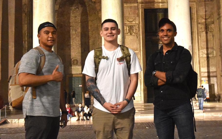 Sgt. Sovanarith Sok, from left, stands with teammates Spc. Damon Berry and Sgt. Joshua Ham at the Pantheon in Rome on April 25, 2019, during the BOSS Challenge, a race that required teams to visit 18 historical sites in northern and southern Italy. This team won the competition. 
