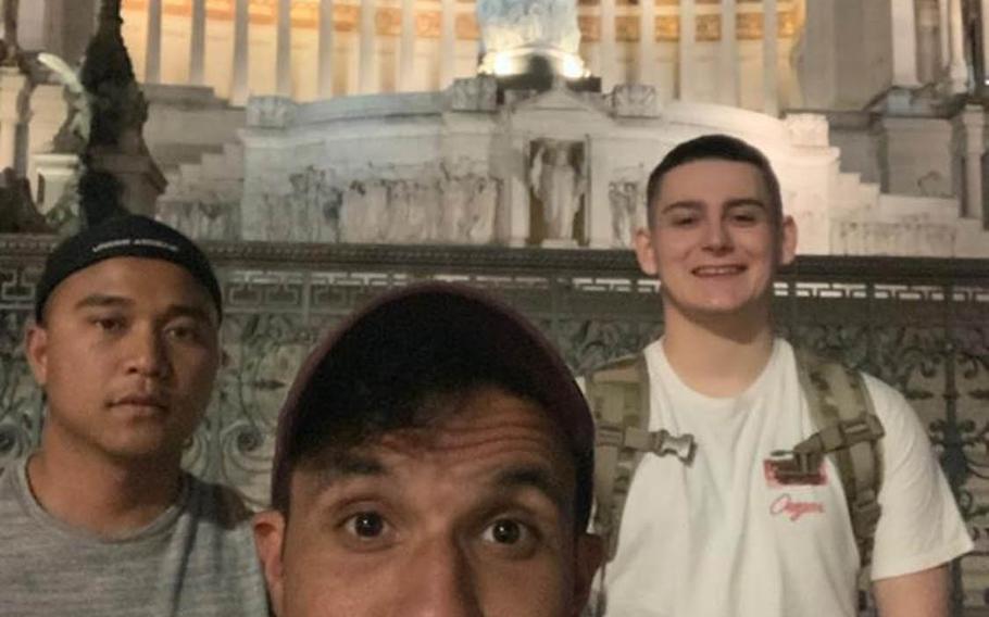 Sgt. Sovanarith Sok, from left, with teammates Sgt. Joshua Ham and Spc. Damon Berry in Rome on April 25, 2019, during the BOSS Challenge. The three servicemembers won the competition.