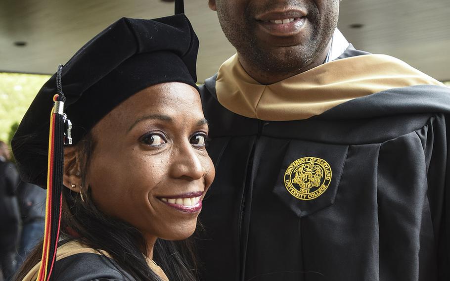 Leslie Ingram and her husband, Army Capt. Darren Ingram, each received a Master of Business Administration at UMUC Europe commencement on Saturday, May 4, 2019, at Ramstein Air Base, Germany.