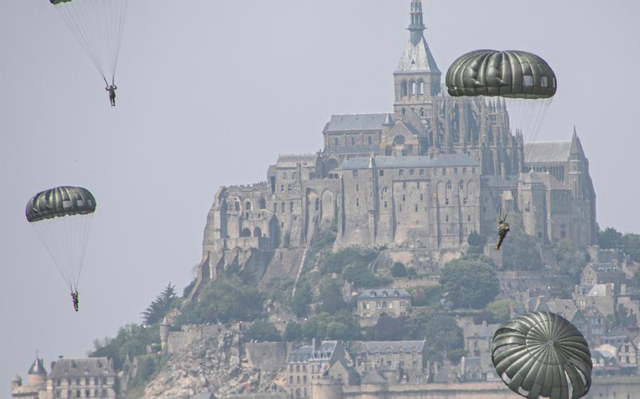 Soldiers assigned to the 10th Special Forces Group (Airborne) conduct an airborne operation near the island of Mont Saint Michel in France on Saturday, May 18, 2019.