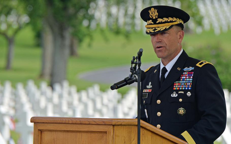 Maj. Gen. Andrew Rohling, deputy commander of U.S. Army Europe, speaks at the Memorial Day Ceremony at Lorraine American Cemetery in St. Avold, France, Sunday, May 26, 2019. Like many of the speakers, Rohling spoke of the courage and sacrifice of the soldiers buried here.