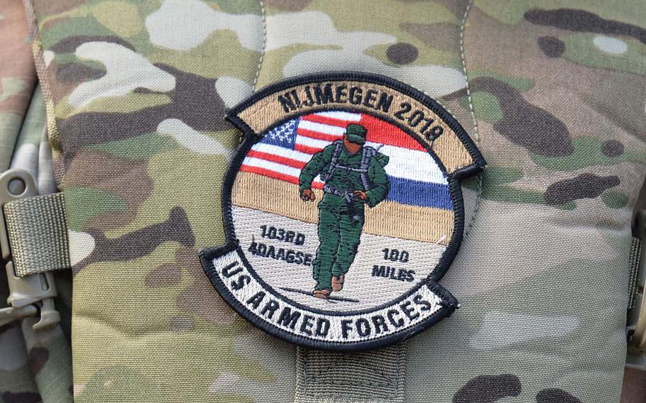 The popular U.S. armed forces patch for the 2019 Nijmegen Four Days Marches in the Netherlands. There was heavy trading of patches and flags by servicemembers of the 31 nations participating in the military part of the marches.