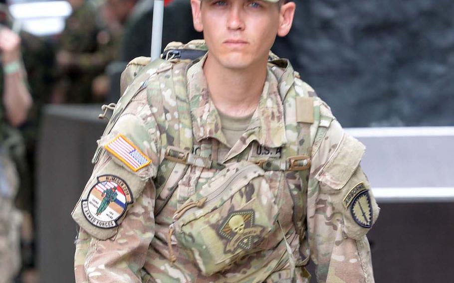 Capt. Jonathan Janos marches to Camp Heumensoord at the end of the third day of the Nijmegen Four Days Marches on Thursday, July 18, 2019. It was Janos' third Nijmegen march.