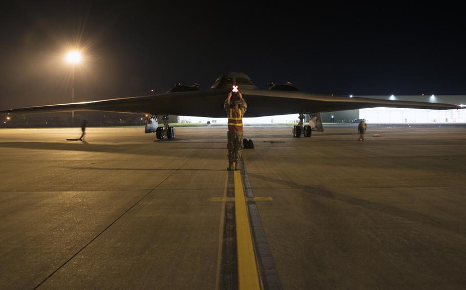 Airman 1st Class Austin Sawchuk, a crew chief assigned to the 509th Bomb Wing, marshals in a B-2 Spirit on the flight line at RAF Fairford, England, on Tuesday, August 27, 2019. B-2 Spirits from Whiteman Air Force Base, Mo., along with equipment and personnel,  arrived at RAF Fairford, England, early Tuesday, to train with allies in Europe.

