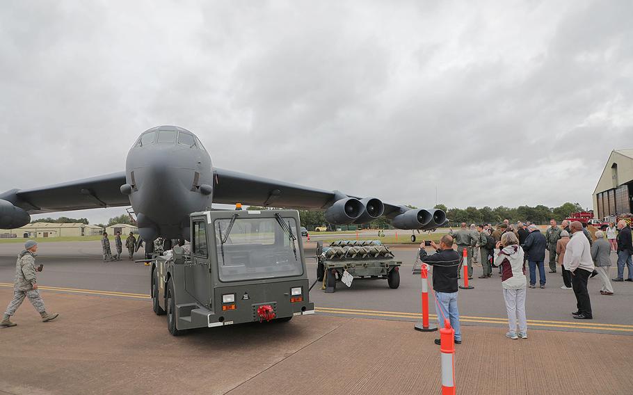 Reporters and locals get a chance to take photos Friday, Sept. 6,  2019, of a B-52 from 307th Bomb Wing, Barksdale Air Force Base, La., that had just arrived the day before during the 75th Anniversary Heritage Day event on RAF Fairford, England.