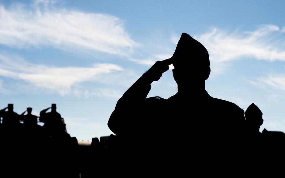 U.S. Airmen salute during a change of command ceremony at Spangdahlem Air Base, Germany, on Sept. 4, 2019. 