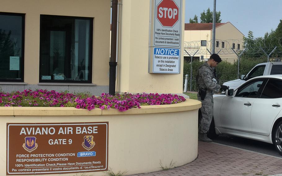 The main gate at Aviano Air Base, Italy, on Thursday, Aug. 31, 2017. 