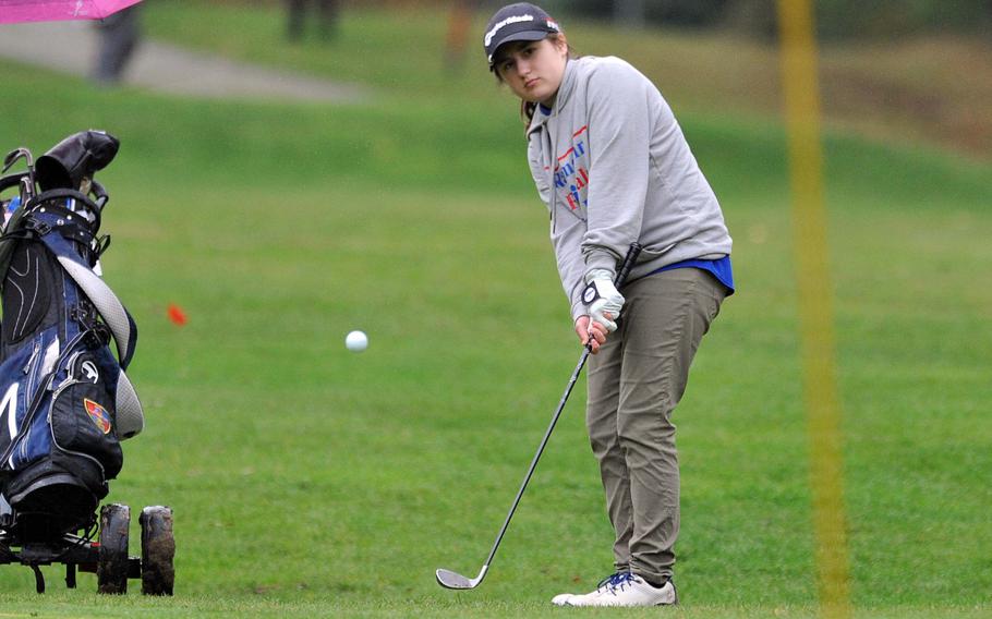 Ramstein's Harley Parks is in second place going in to Thursday's final round of the DODEA-Europe high school golf championships in Wiesbaden, Germany, Oct. 9, 2019. She scored a modified Stableford 16 points on opening day.










