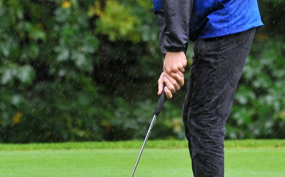 Ramstein's Micah Webb makes a putt in opening day  action at the DODEA-Europe high school golf championships in Wiesbaden, Germany, Oct. 9, 2019. He is third going in to Thursday's final, three points behind the leader after posting a modified Stableford 36 points.









