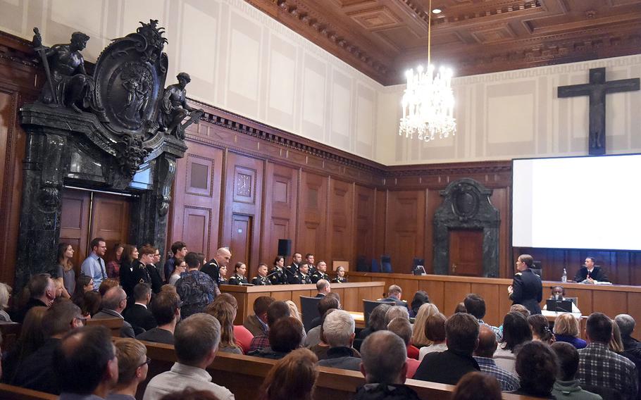 A mock U.S. military trial takes place at  Courtroom 600 of the Nuremberg Palace of Justice, in Nuremberg, Germany, Saturday, Oct. 19, 2019.