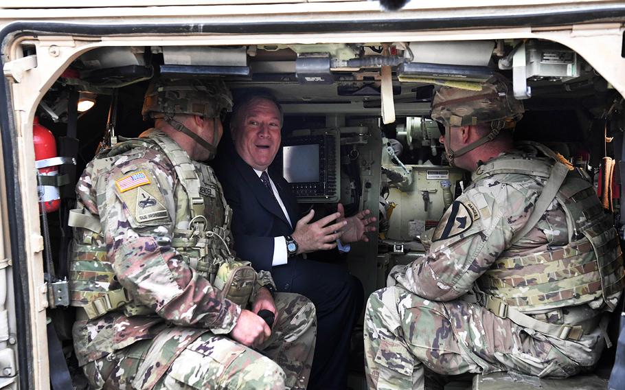 U.S. Secretary of State Mike Pompeo talks to US soldiers based in Grafenwoehr, Germany, Thursday, Nov. 7, 2019.