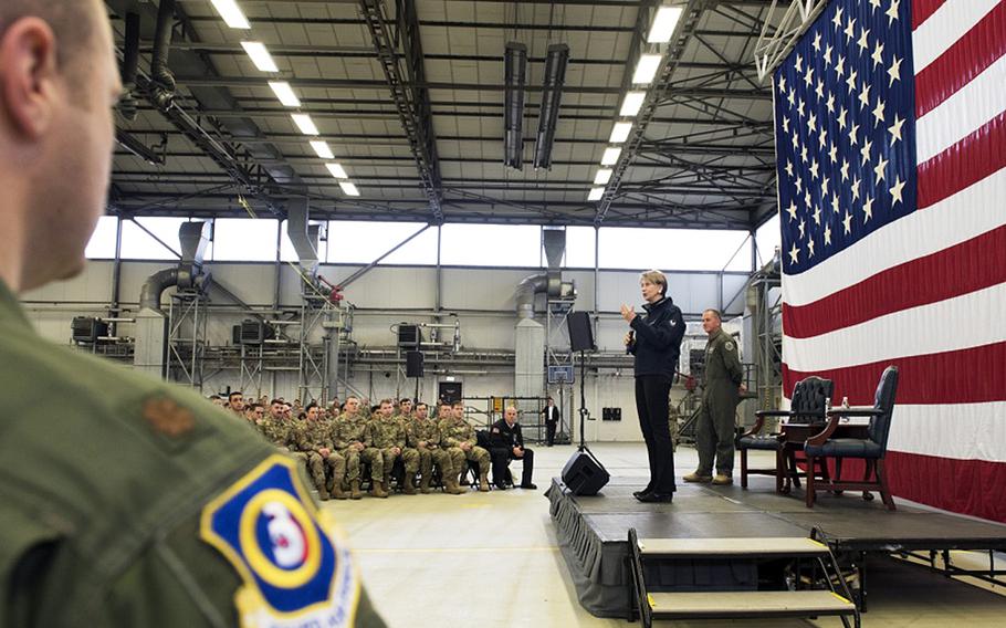 Secretary of the Air Force Barbara Barrett addresses airmen at Ramstein Air Base, Germany, on Friday, Nov. 22, 2019. Barrett and Air Force Chief of Staff Gen. David L. Goldfein answered questions on a variety of topics, including their priorities, overcoming challenges and retention.