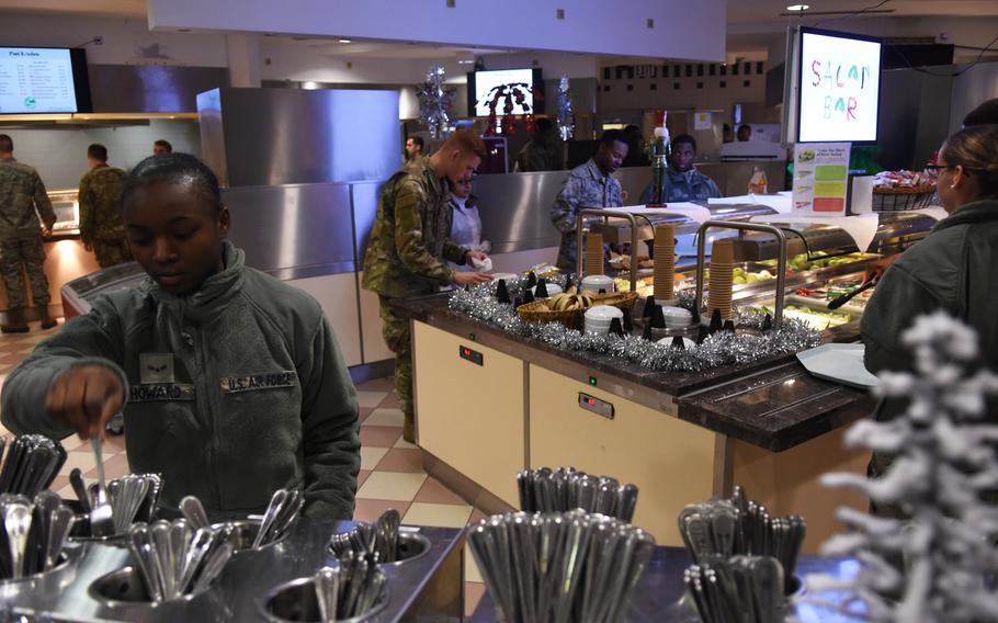 Airmen visit the Rheinland Dining Facility at Ramstein Air Base, Germany, for lunch on Tuesday, Dec. 17, 2019. The dining facility will close mid-January for up to two years for a major renovation project. Airmen will receive extra money for food during the closure.

