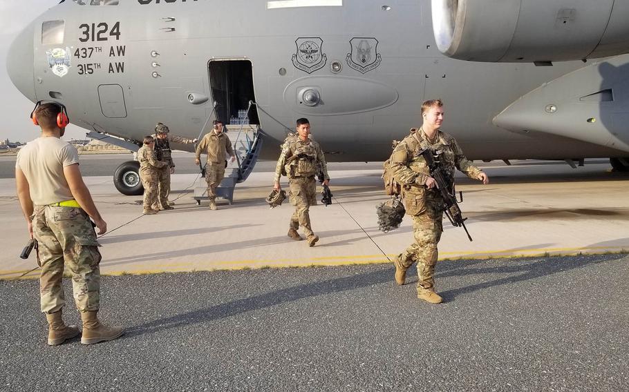 U.S. Army paratroopers from the 82nd Airborne Division arrive at Ali Al Salem Air Base, Kuwait, Jan. 2, 2020.  The division is slated to play a big role in the upcoming Defender Europe exercise, but unrest in the Middle East could throw a wrench into plans for the biggest military exercise in Europe in 25 years.