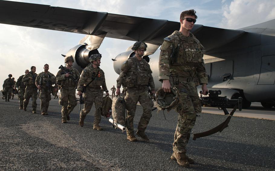 U.S. Army paratroopers from the 82nd Airborne Division arrive at Ali Al Salem Air Base, Kuwait, Jan. 2, 2020. The division is slated to play a big role in the upcoming Defender Europe exercise, but unrest in the Middle East could throw a wrench into plans for the biggest military exercise in Europe in 25 years.