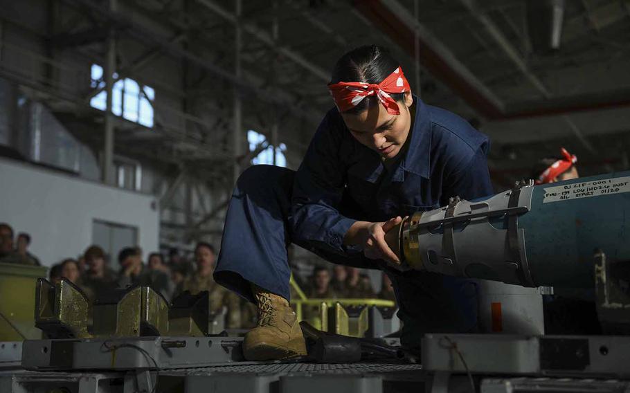 U.S. Air Force Staff Sgt. Ana Merkel, a munition inspector from the 31st Munitions Squadron, conducts an inert bomb build at Aviano Air Base, Italy, Jan. 7, 2020. Merkel developed the idea for the all-female ''Bouncing Bettys'' team, which won the competition. 