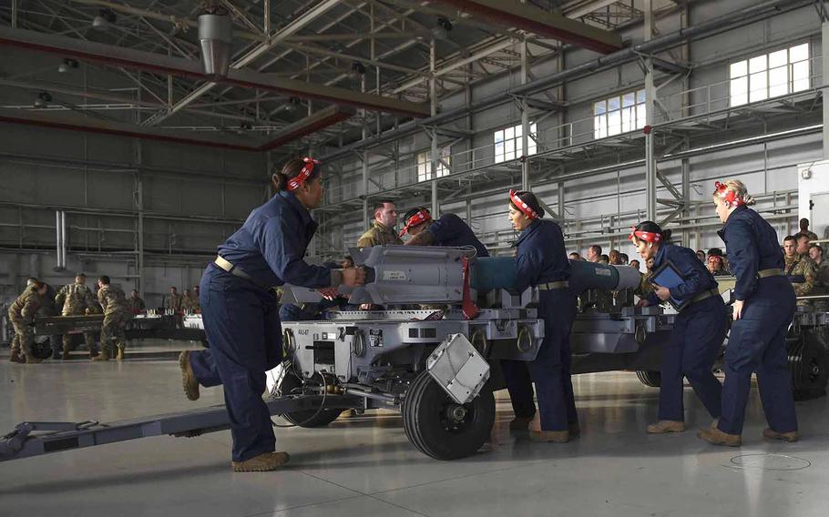 U.S. airmen of the  all-female ''Bouncing Bettys'' team of the 31st Munitions Squadron and the 731st  Munitions Squadron compete at the Rapid Aircraft Generation and Employment competition at Aviano Air Base, Italy, Jan. 7, 2020.