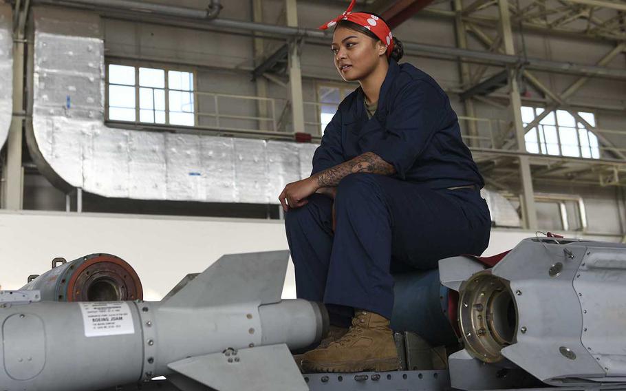 Senior Airman Audrey Naputi, a munitions inspector from the 731st Munitions Squadron, prepares for the Rapid Aircraft Generation and Employment competition to begin at Aviano Air Base, Italy, Jan. 7, 2020. 