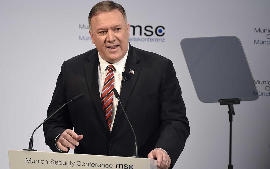 U.S. Secretary of State Mike Pompeo speaks on the second day of the Munich Security Conference in Munich, Germany, Saturday, Feb. 15, 2020.