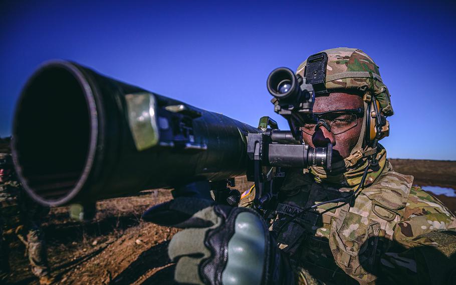 A U.S. soldier from 3rd Squadron, 2nd Cavalry Regiment, prepares to fire an M3 Carl Gustaf 84mm recoilless rifle, during an anti-tank training course in Bemowo Piskie, Poland, Jan. 31, 2020. 

Timothy Hamlin/U.S. Army