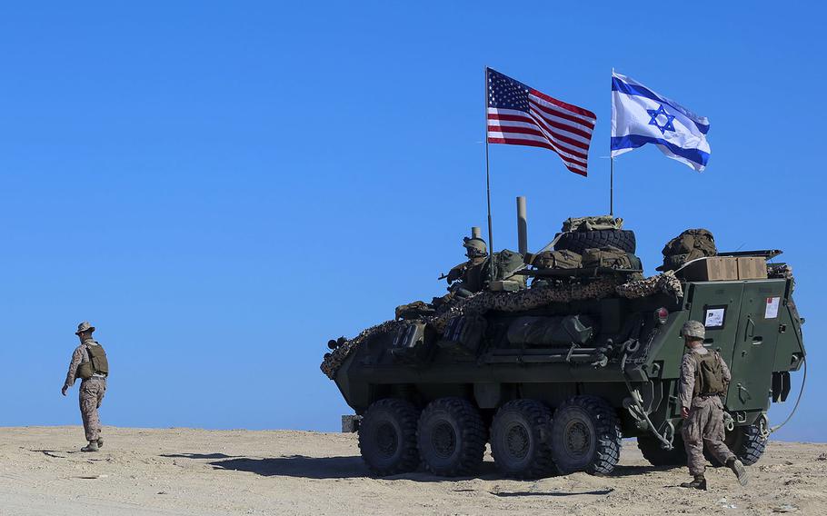 A U.S. Marine Corps Light Armored Vehicle staged prior to training with Israeli soldiers at the Israeli national training center as part of exercise Juniper Cobra in March 2018.