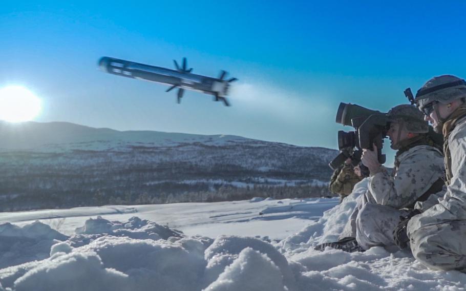 A U.S. Marine with Combined Anti-Armor Team 1, Weapons Company, 2nd Battalion, 6th Marine Regiment, 2nd Marine Division, II Marine Expeditionary Force, fires an M98A2 Javelin missile system during a live-fire exercise in preparation for Exercise Cold Response 20 near Setermoen, Norway, March 3, 2020.